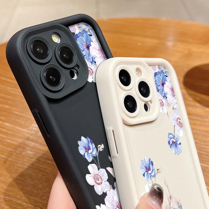 Prosty niebieski kwiatowy nadruk odporny na wstrząsy matowy futerał na telefon TPU do iPhone'a 16 Pro 15 Pro Max 14 Plus 13 12 11 XR XS 8 7 Ochrona obiektywu miękka tylna obudowa