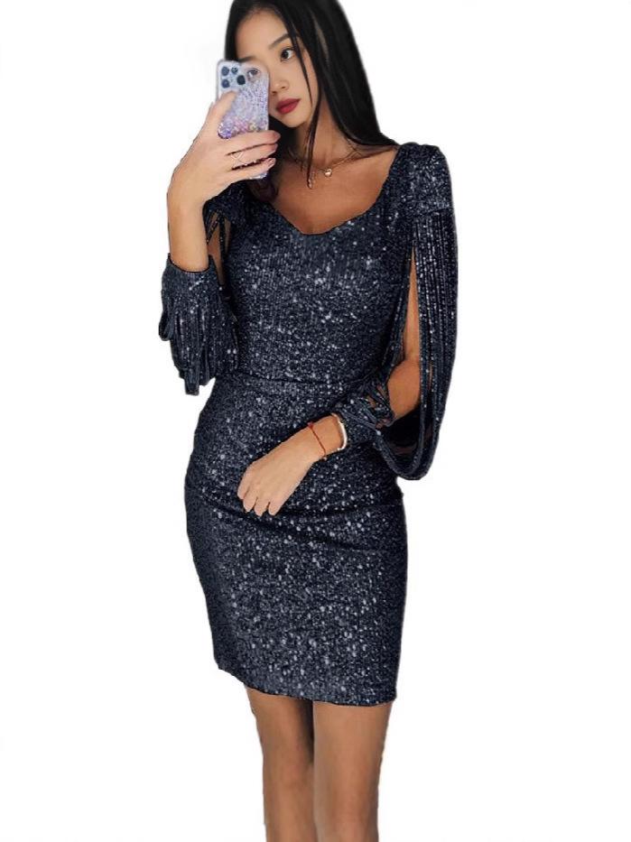 Sequin Tassel Long Sleeve Bodycon Party Dress