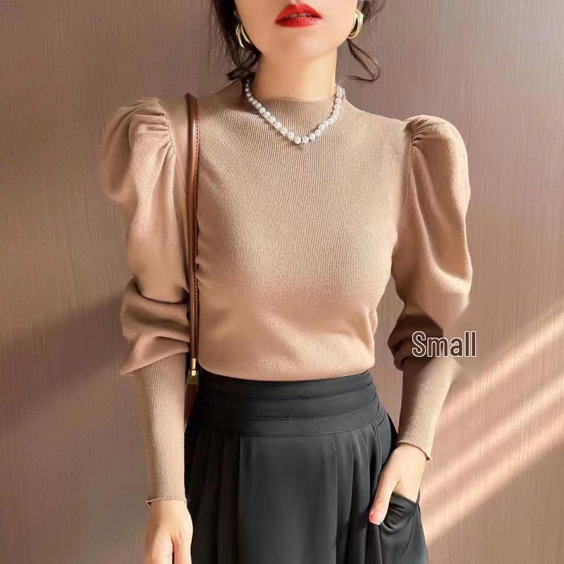 

Women s Black Waist-Cinching Knitted Sweater with Puff Sleeves верблюд