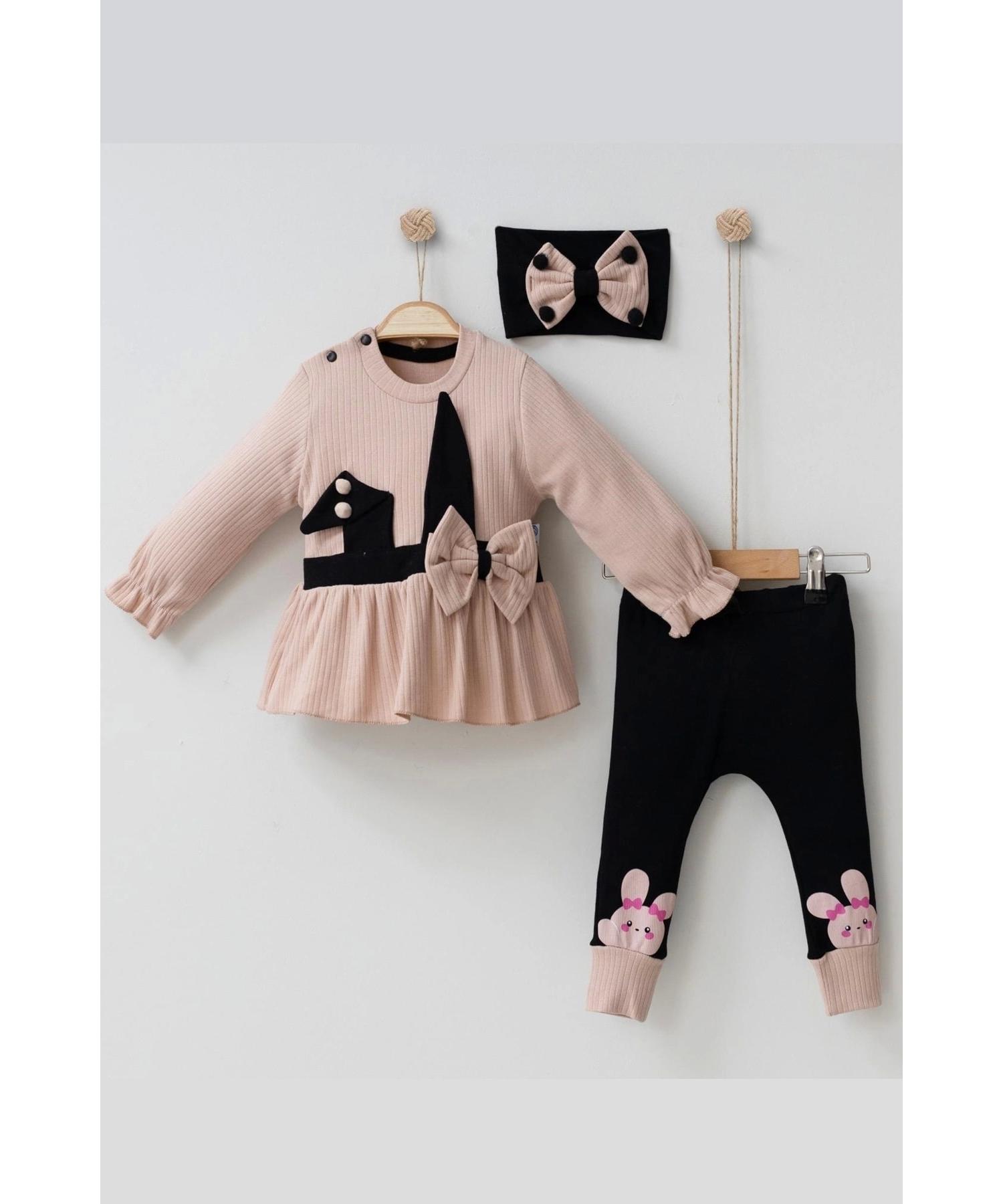 

Rabbit Eared Bow Patterned Bandana Baby Girl Set