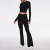 Damen Freizeit Zweiteiler Set Langarm Rundhals Crop Top Hohe Taille Schlaghosen Gestrickt Einfarbig Loungewear Passendes Outfit Set