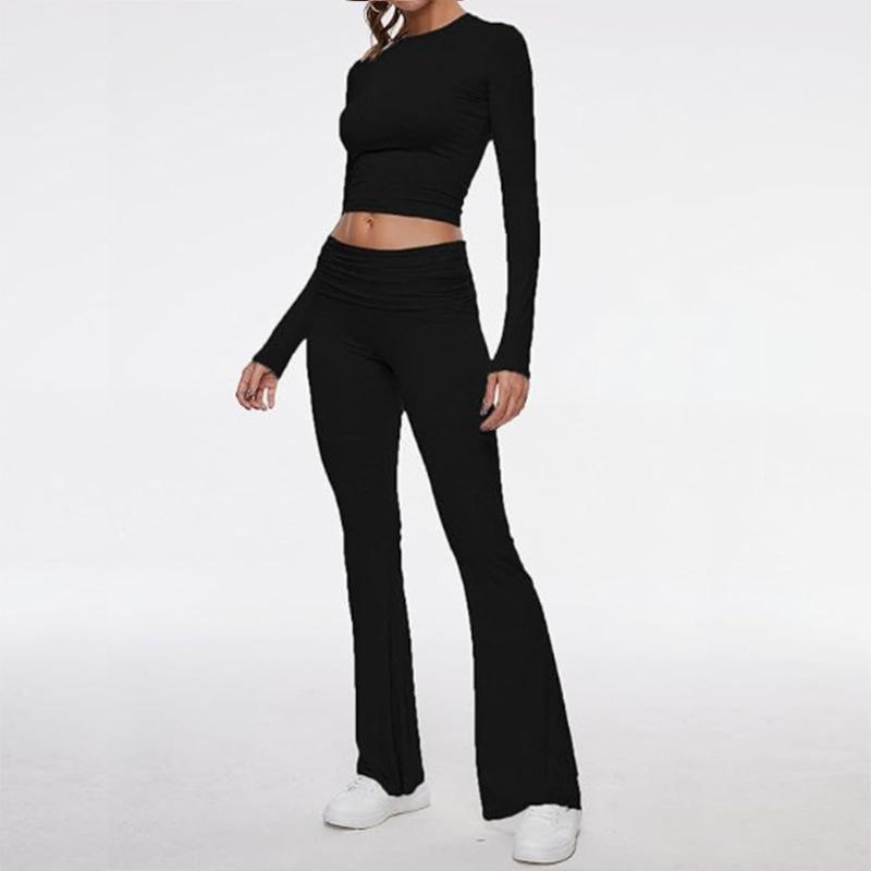 Damen Freizeit Zweiteiler Set Langarm Rundhals Crop Top Hohe Taille Schlaghosen Gestrickt Einfarbig Loungewear Passendes Outfit Set