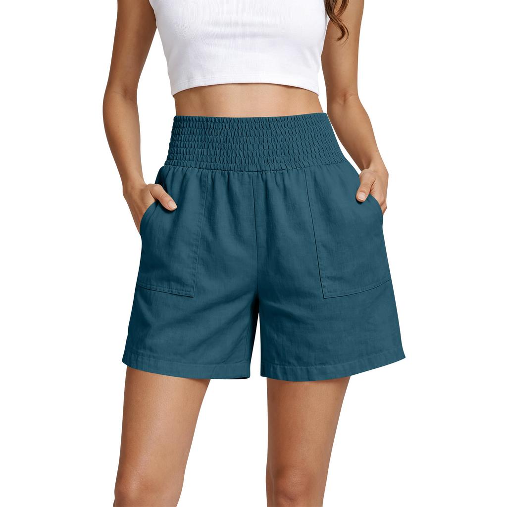 High Waist Elastic Waistband Casual Shorts for Women Loose Fit Cotton Summer Shorts with Pockets Lightweight Design