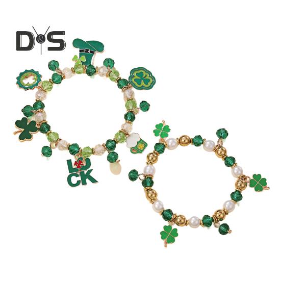 Kleeblatt-Armband St. Patricks Day Irischer Perlenschmuck mit Glasperlen und Anhängern, Glücksbringer-Armband für festliche Feiern, elastisches Kleeblatt