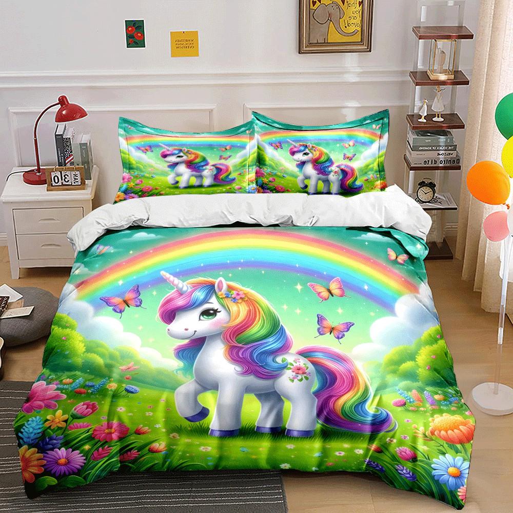 Cute Cartoon Unicorn Rainbow Print Bedding Set For Adults And Children, Available In Multiple Sizes, Three-Piece Gift Set
