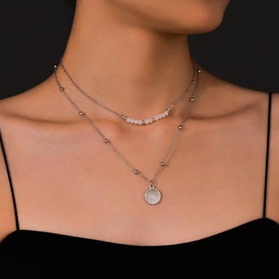 New Product, Moonstone Pendant, Metal Double-layer Stacked Necklace, Rice Bead Beaded Neck Chain 2-piece Set
