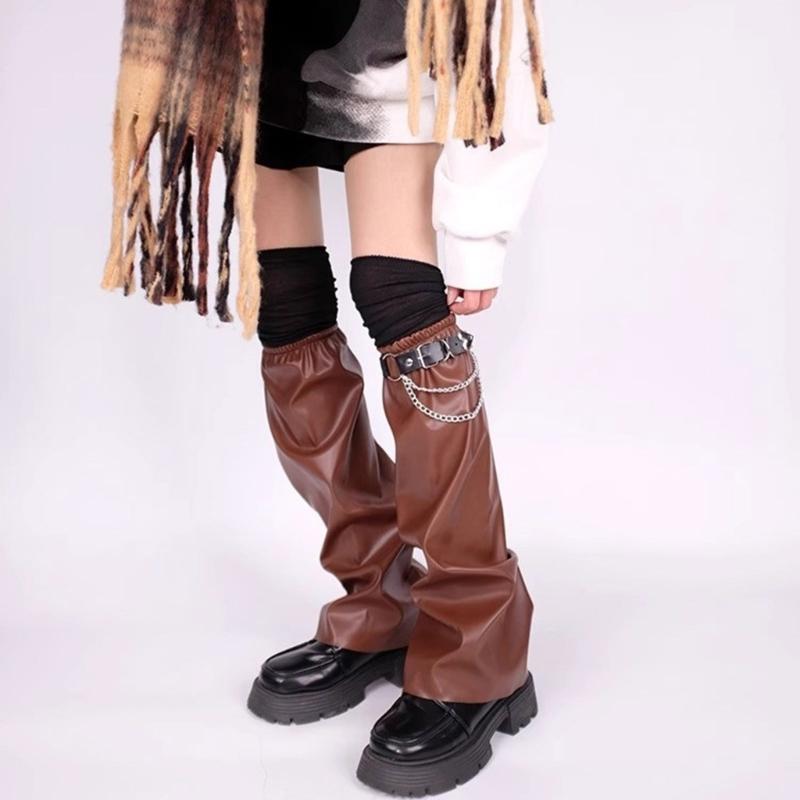 Women's Harajuku Faux Leather Flared Leg Warmers and Over Knee Socks Garter Belt Set for Punk Girls Japanese Streetwear