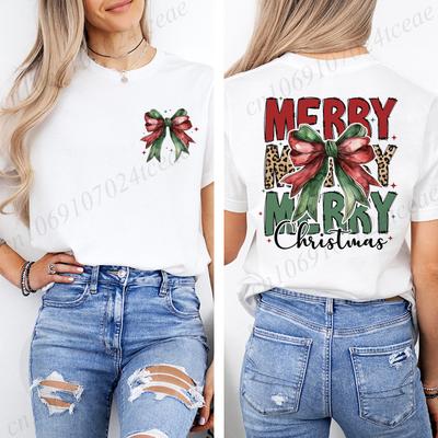Womens TShirts Coquette Christmas Print Tees Harajuku TShirt Top Short Sleeve Casual Summer Tee Leopard Merry Christmas Shirt