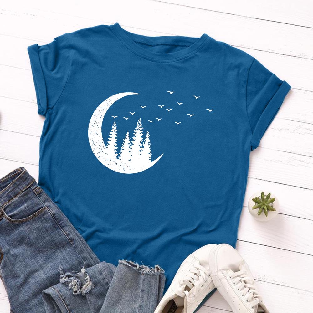 Starry Sky Moon Forest Pattern Cotton Loose Round Neck Short Sleeve Women's T-shirts