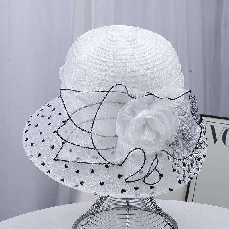 Elegant Mesh Polka Dot Sun Hat with Three-Dimensional Flower Decoration Retro Hepburn Style Breathable Large Brim Party Hat