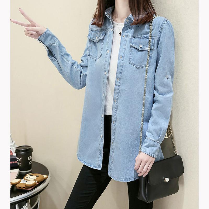 Denim Shirt Thin Jacket Women's Long-sleeved Loose Shirt Jeans Jacket Mid-length Spring Bottoming Shirt Large Size
