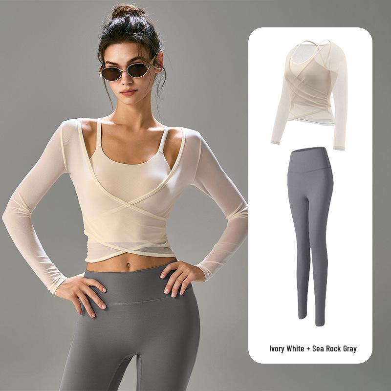 Women's Professional Yoga Set: Long Sleeve, Waist-Cinching, Slimming Two-Piece for Pilates with Chest Pads.