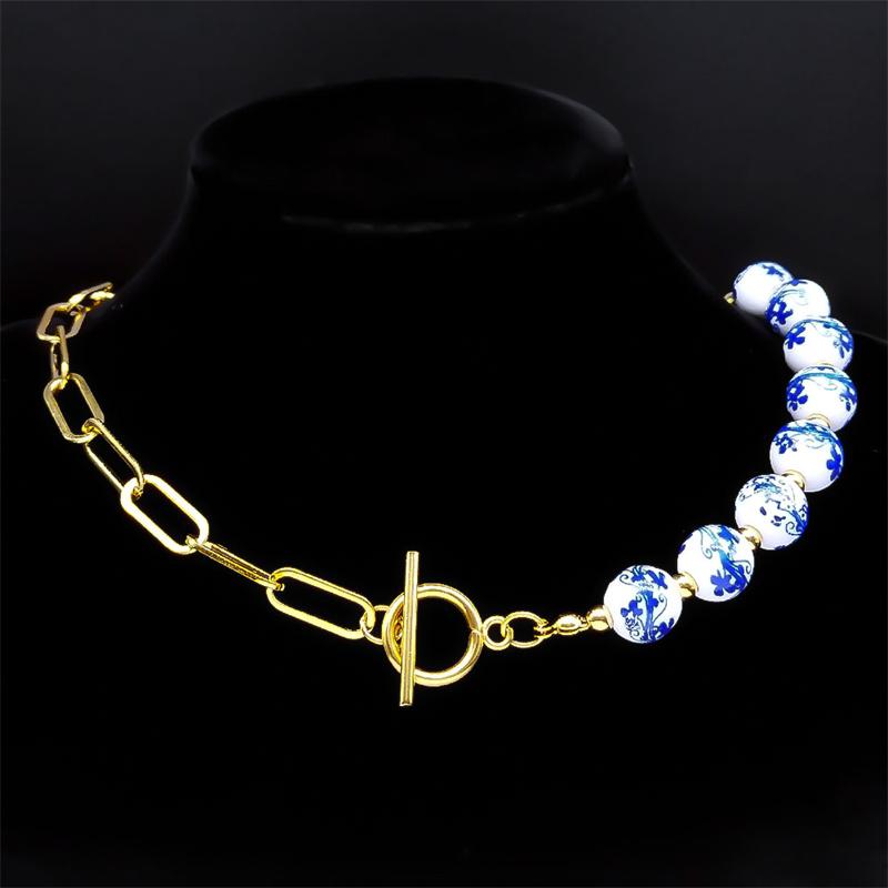 Blau-weiße Porzellanperlenkette für Damen Edelstahl China Keramik Choker Halsketten Weihnachtsgeschenk Schmuckkragen
