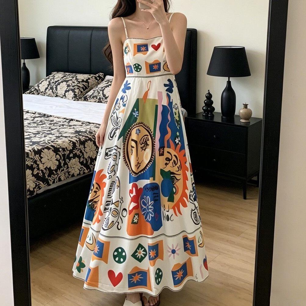 Large size dopamine wind color printing suspender dress women's summer vacation wind high waist big swing dress wholesale
