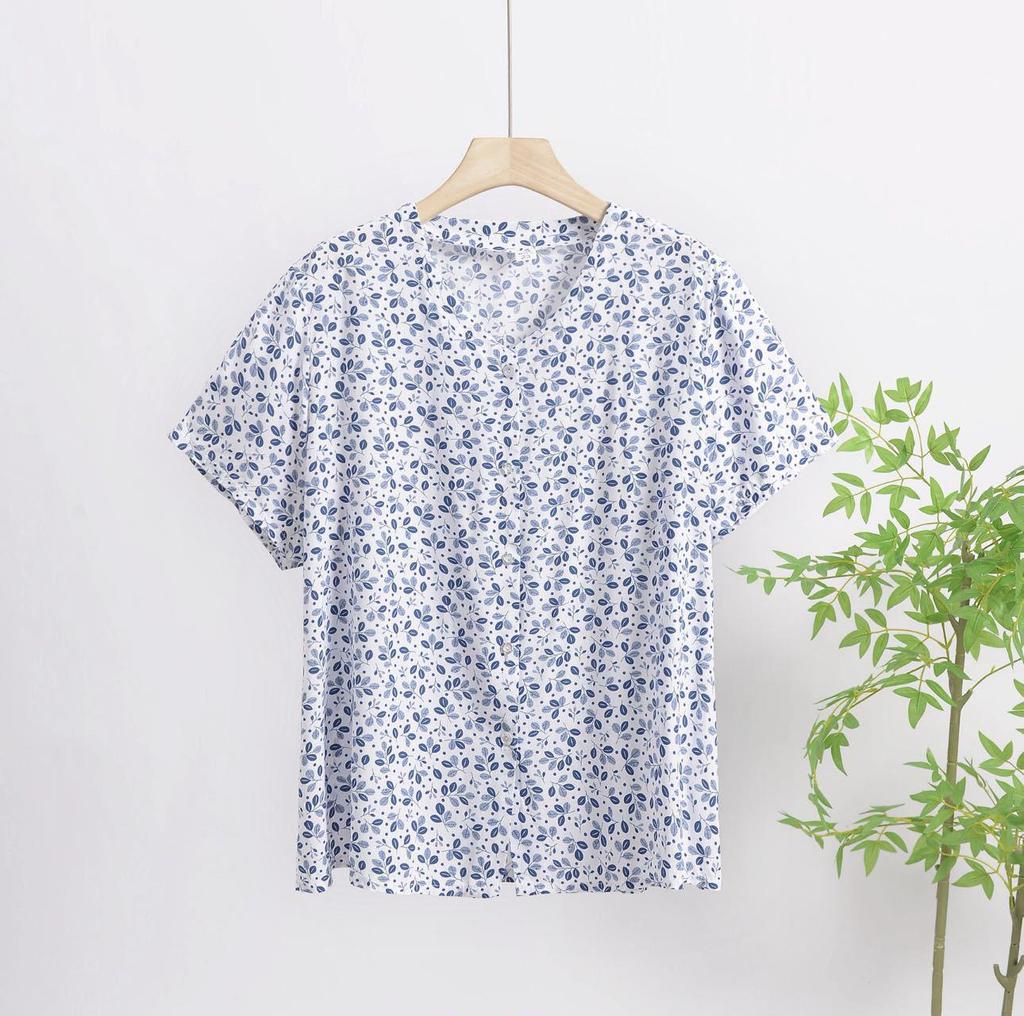 2025 Summer Floral Print V-Neck Button Short Sleeve Loose T-Shirt