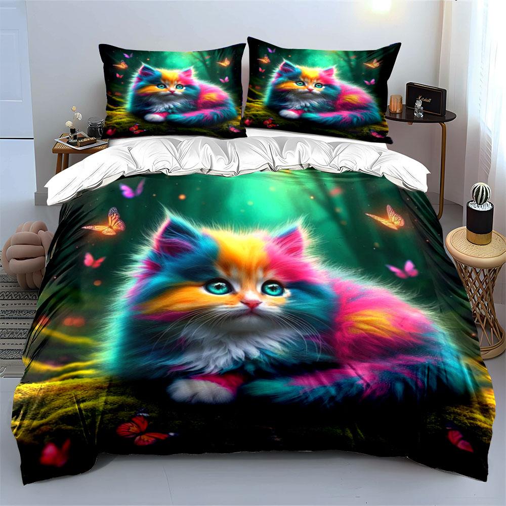 Rainbow Cat In Butterfly Forest Printed Duvet Cover Set1 Duvet Cover+2 Pillowcase Multi Size Bedroom Bedding Decor