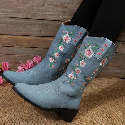 Flower Embroider Mid Calf Cowboy Boots Women  Autumn Chunky Heels Western Boots Woman Plus Size Pointed Toe Denim Long Boots