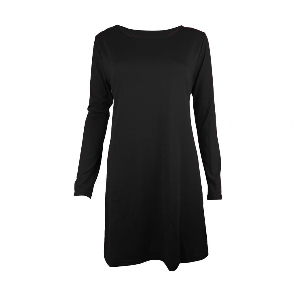 Fall Spring Women Dress Round Neck Loose Long Sleeves Pure Color A-line Pleated Mini Dress Casual Daily Wear School Work Short D