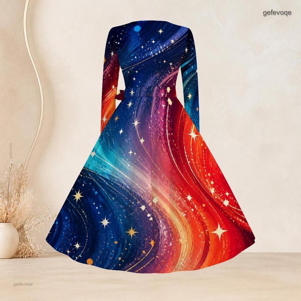 Plus Size Women Square Neck Long Sleeve Dress With Belt Dark Cosmic Galaxy Planet Golden Brush Print Swing Dress
