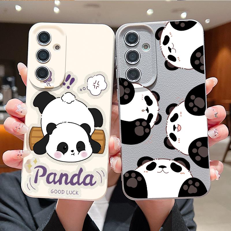 Cute Panda Print Case For Samsung S26 S25 Ultra S24 S23 S22 S21 FE A15 A35 A55 A16 A36 A56 A17 A18 A37 A57 5G Leather Texture Soft Cover