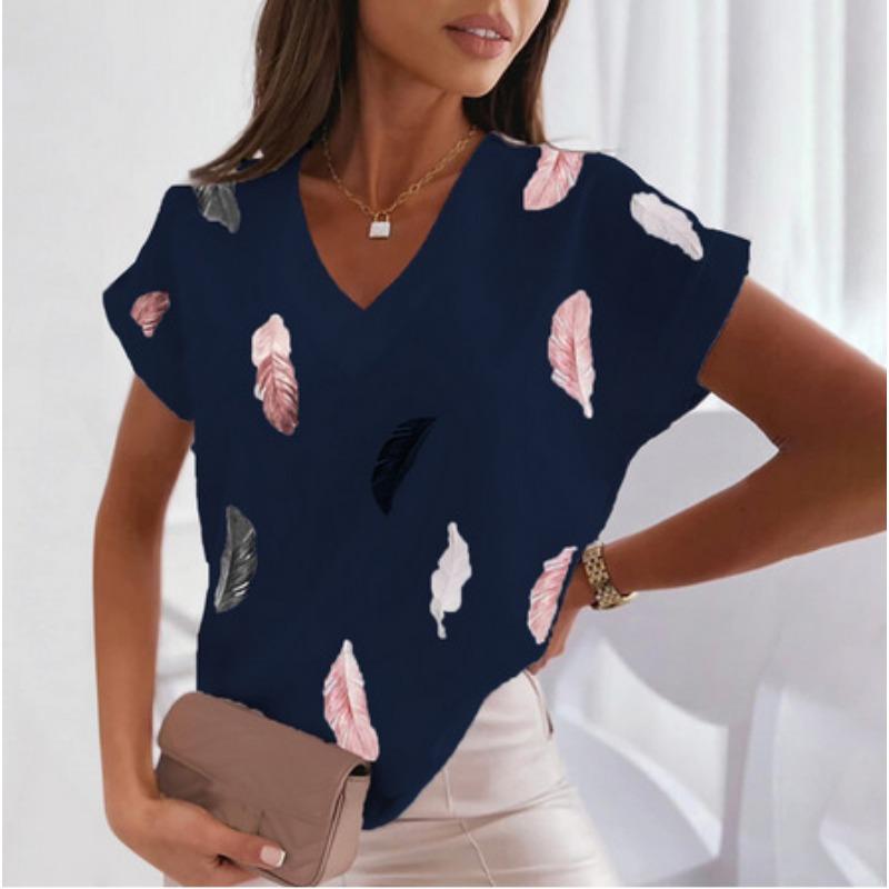 Feather 3D Printed T-shirts V-neck Short Sleeved Women's T-shirts