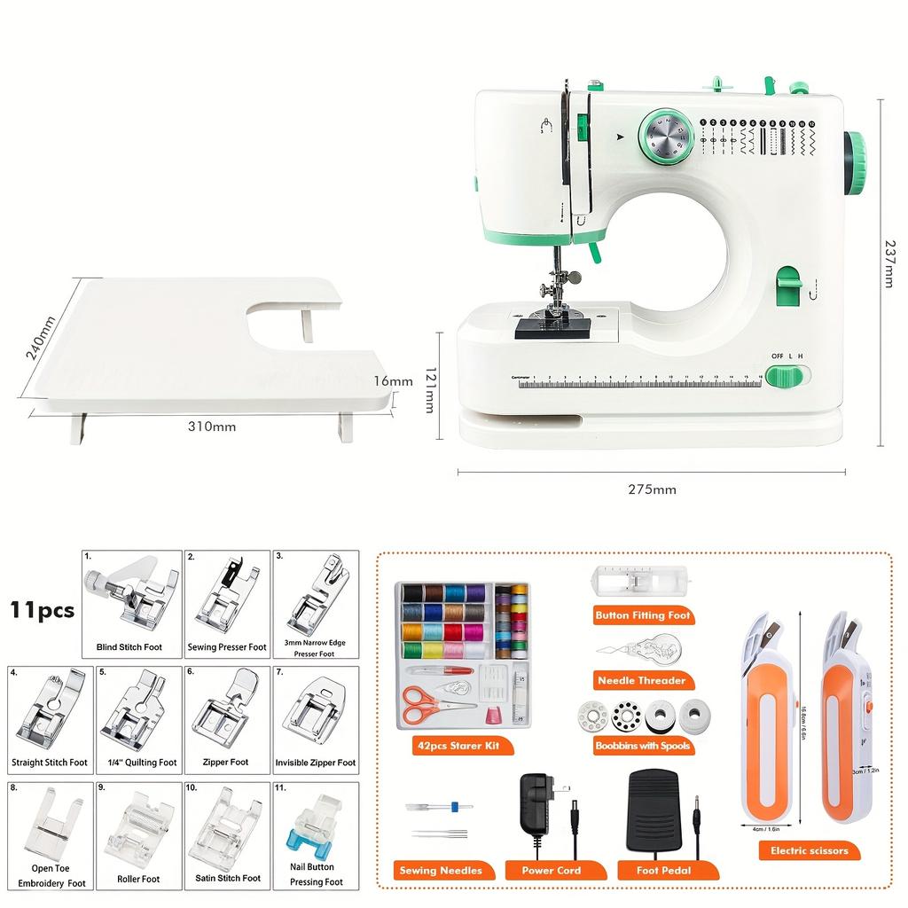 Mini Sewing Machine, Electric Portable Sewing Machine, Adjustable Sewing Speed, 12 Stitches, Two Speeds, with Foot Pedal and Sewing Kit