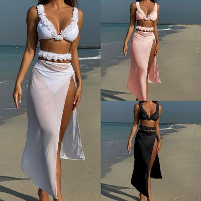 2026 Solid Color Lace Sexy Three-piece Mesh Dress Bikini
