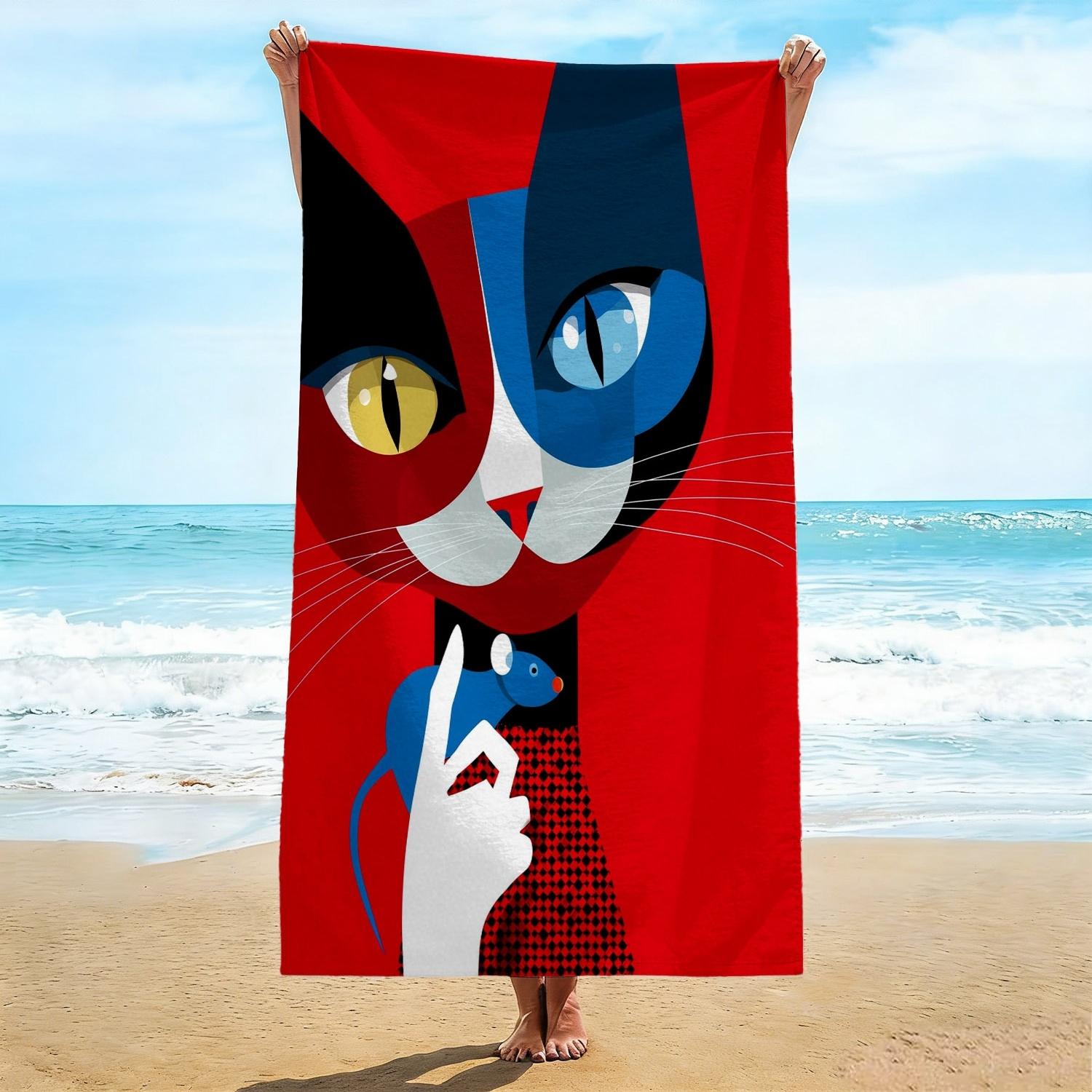 

Vibrant Modern Art Beach Towel, Color Block Cat & Mouse Illustration Print Bath Towel, Stylish Cat Lover Summer Beach Blanket W40*H60(CM)