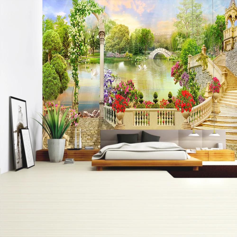 Balcony City Castle Hill Green Plant Landscape Printing Tapestry  Cheap Hippie Wall Hanging Bohemian Wall Tapestries
