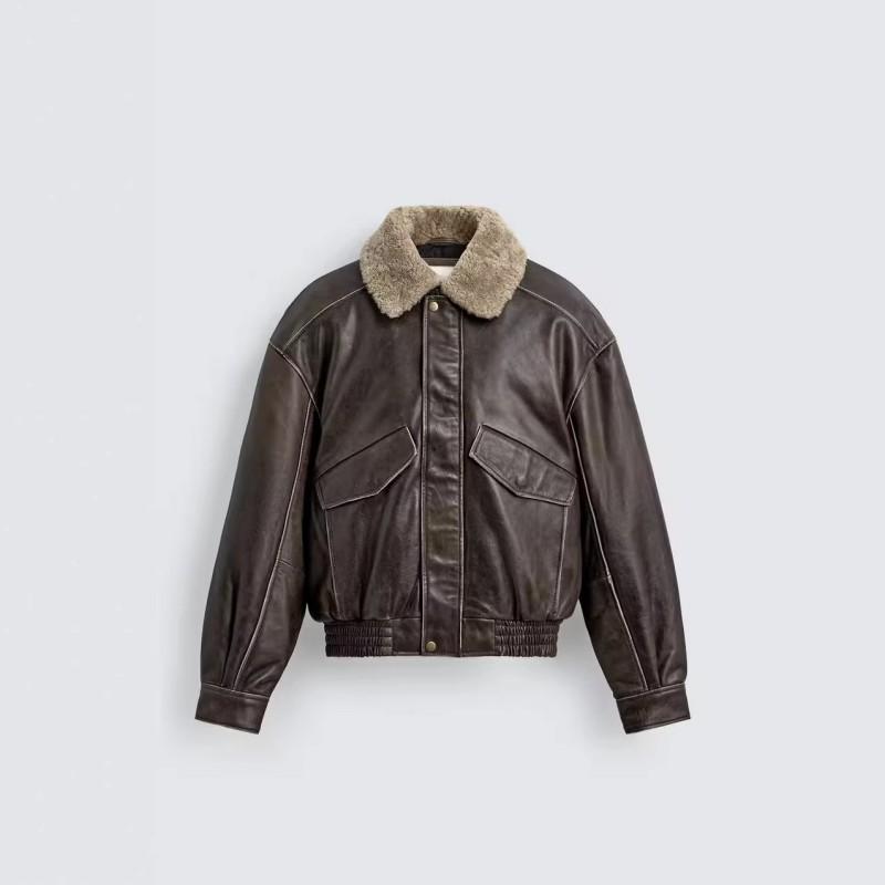 Mens Retro Color-Block Faux Shearling Collar Leather Jacket Casual Outerwear Winter