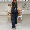 2 Piece Elegant Stripe Women's Vest Pant Suit O-neck Sleeveless Vest High Waist Wide Leg Pants