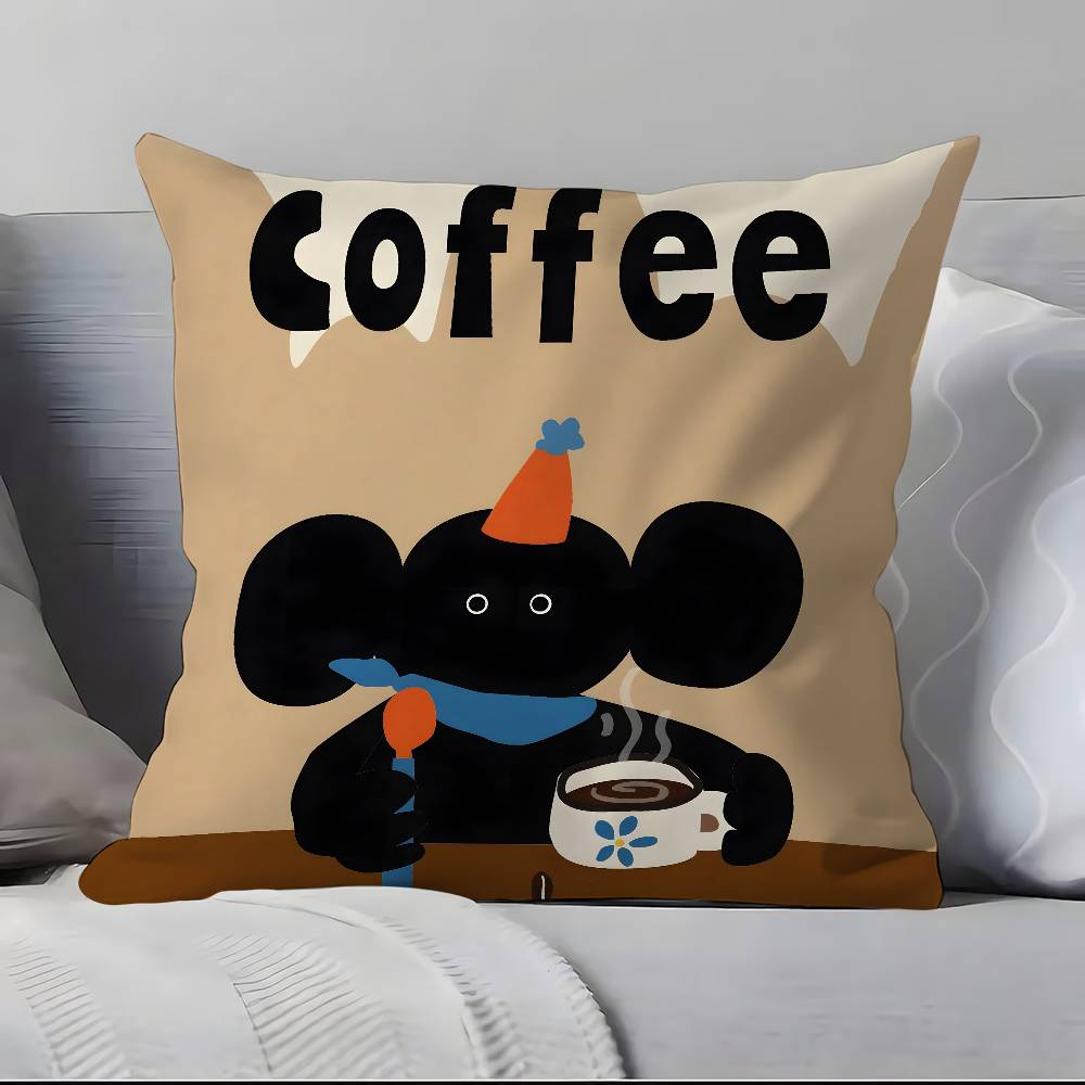 Creative Coffee Illustration Pillow Case Anti-dustmite Pillowcase Invisible zipper silky short plush Sofa cushion cover