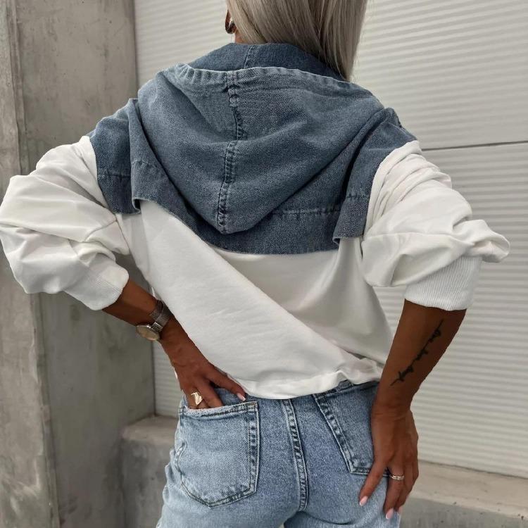 Women Autumn Long Sleeve Denim Hoodies Pullovers Stitching Sweatshirts Tops for Ladies