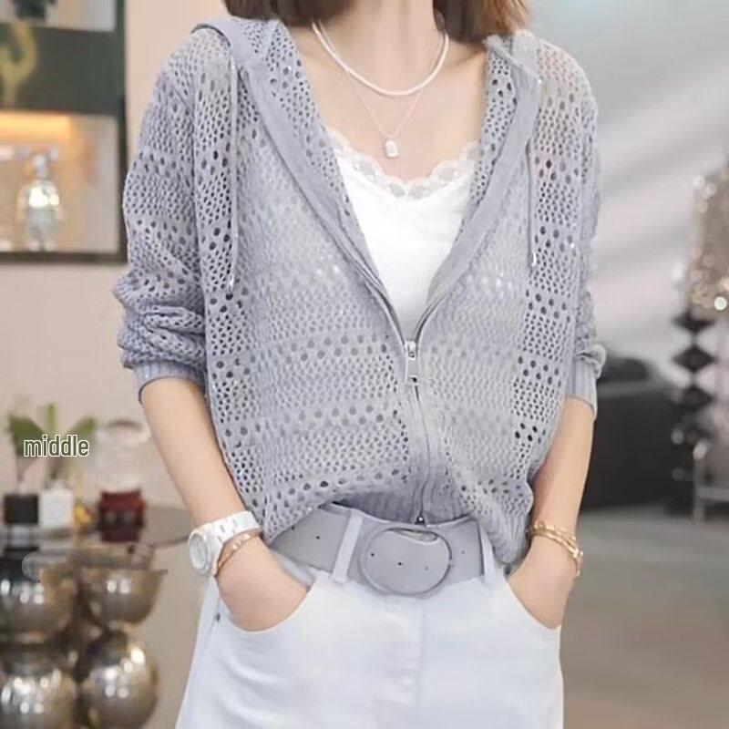 Hooded Openwork Zipper Knit Cardigan: Women's Casual Long Sleeve Sweater for Autumn & Spring