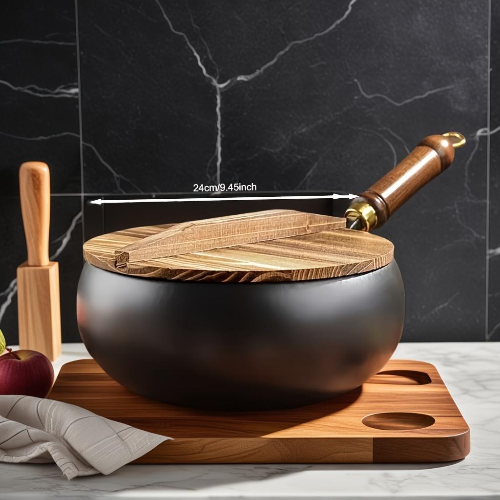 

Традиционный вок с большим животом для домашнего использования с деревянной ручкой, сковорода с плоским дном, вок без покрытия, подходит для газовой плиты