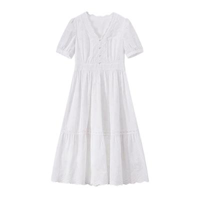 Xiangying French V-Neck Cotton Jacquard Midi Dress