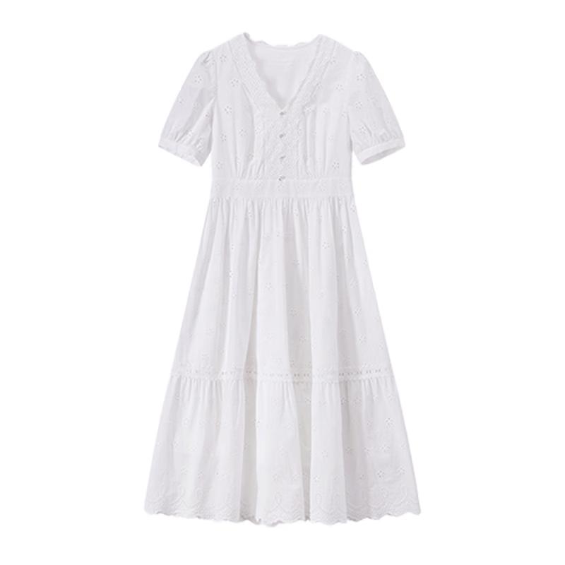 Xiangying French Style V-Neck White Cotton Jacquard Embroidered Dress M