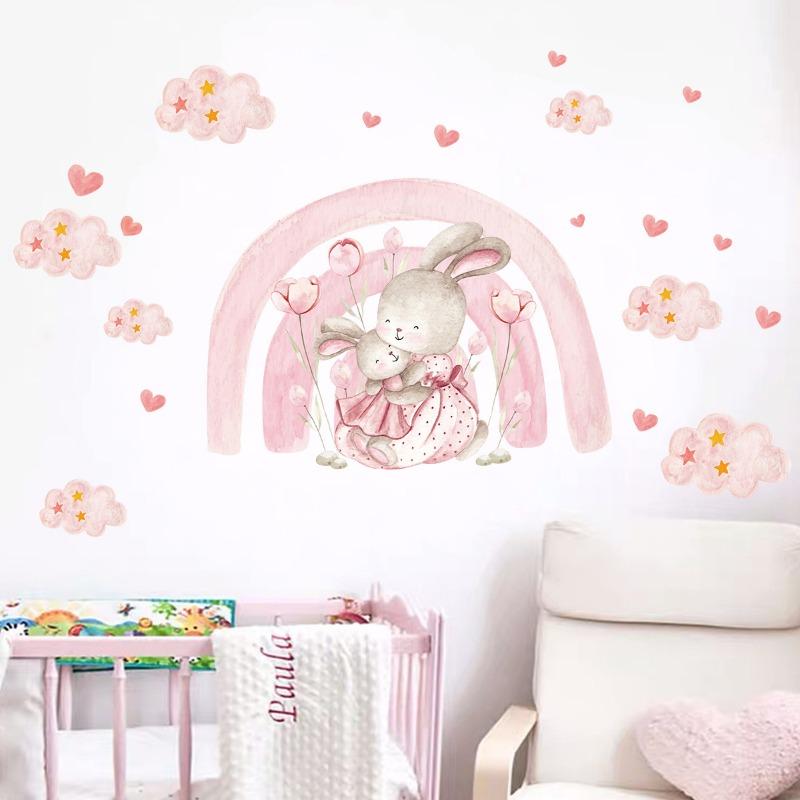 Watercolor Cartoon Rabbit Pink Rainbow Clouds Love Wall Stickers for Kids Room Girl Bedroom Nursery Decoration Bunny Wall Decals