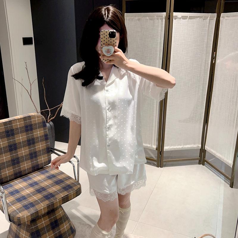 Ice silk pajamas pajamas women's high-end 11 back lace lace spring and summer short-sleeved loungewear