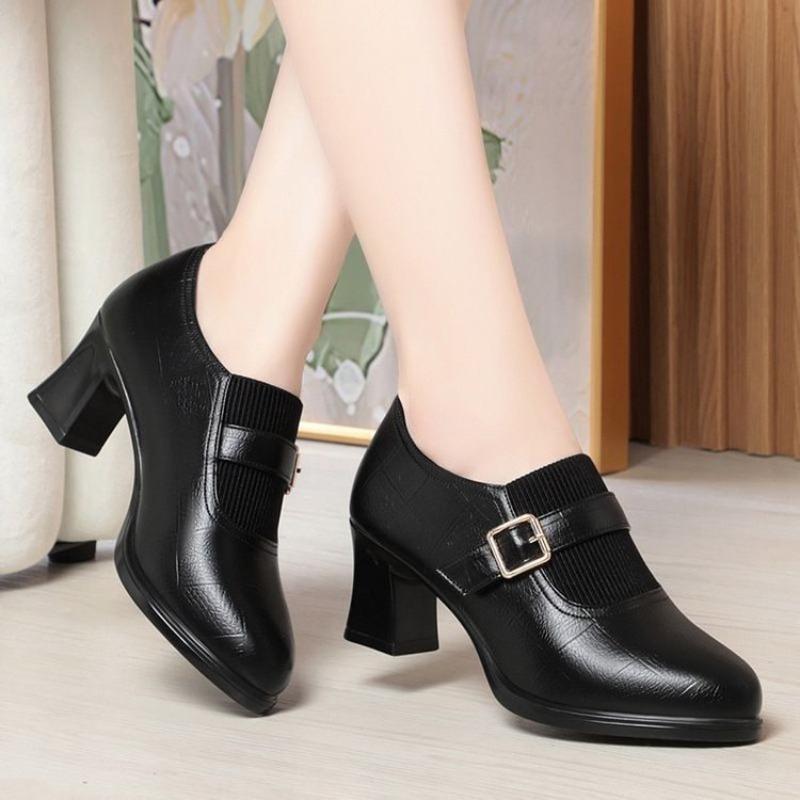 Flying woven pointed elastic splicing thick heel deep mouth single shoes women's autumn versatile retro middle heel fashion small leather shoes