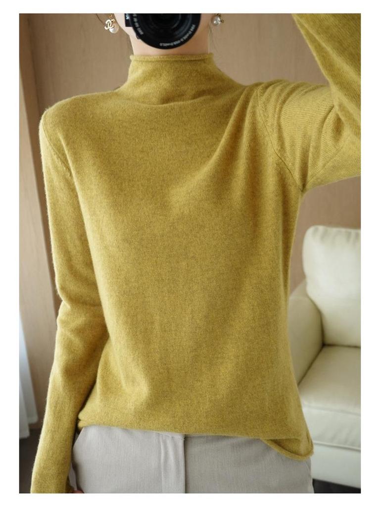 Women's 100% Pure Wool Turtleneck Sweater - Fashionable Autumn/Winter Knitted Cashmere Base Layer Top