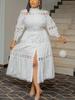 Plus Size Chic Women A Line Midi Dress Hollow Out Lace Splice Mock Neck Long Sleeve with Belt Casual Party Club Outfits
