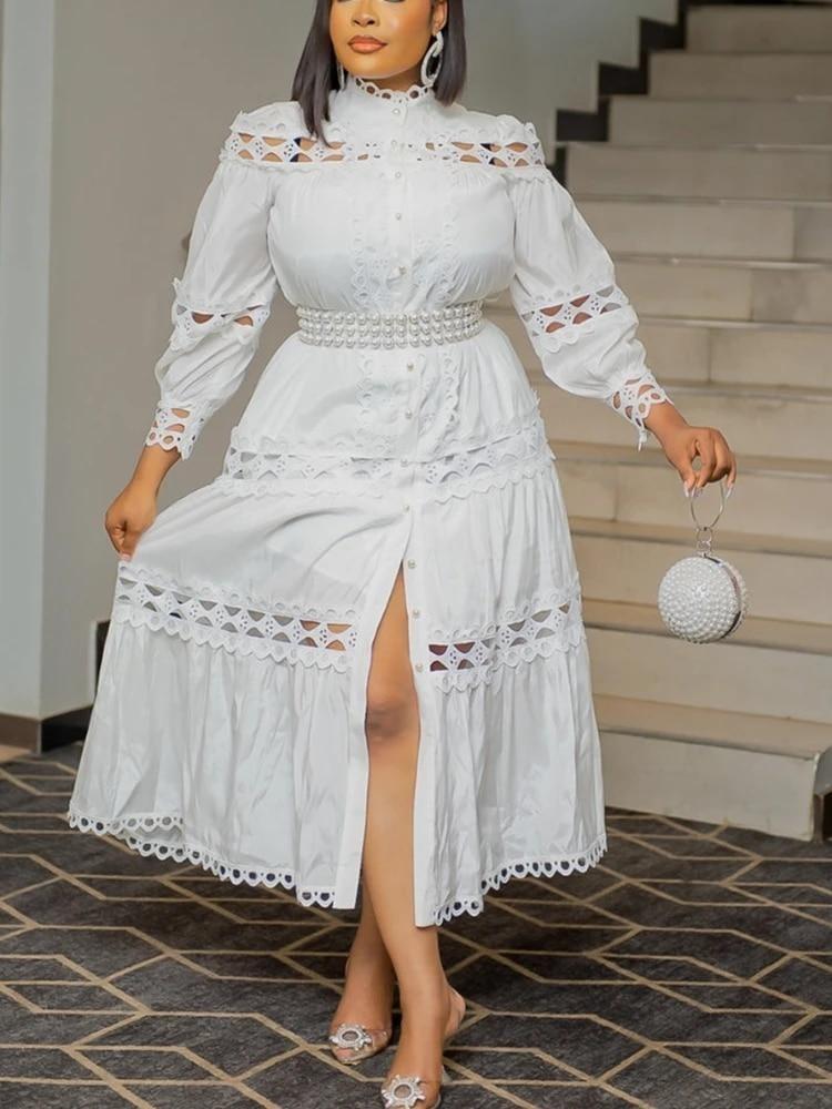 

Plus Size Chic Women A Line Midi Dress Hollow Out Lace Splice Mock Neck Long Sleeve with Belt Casual Party Club Outfits 5XL білий