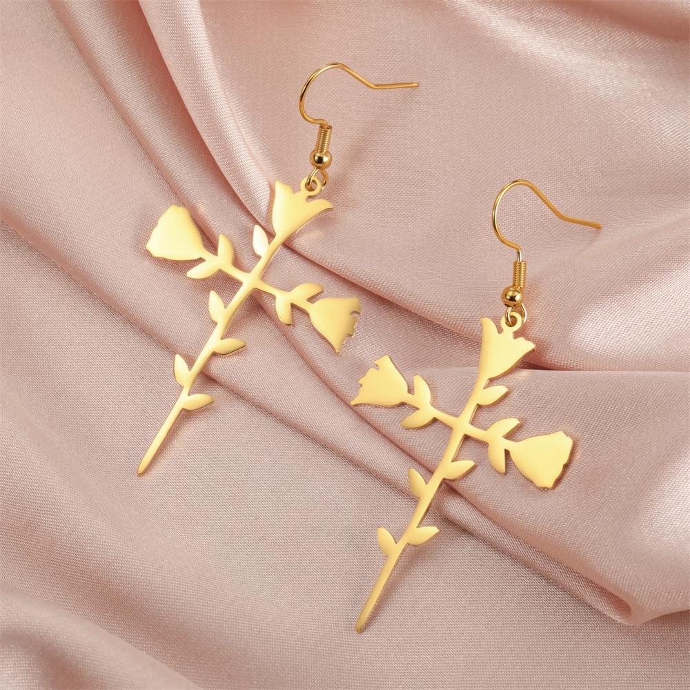 My Shape Rose Cross Drop Earrings for Women Stainless Steel Rose Flower Cross Dangle Earrings Christian Jewelry Wedding Party