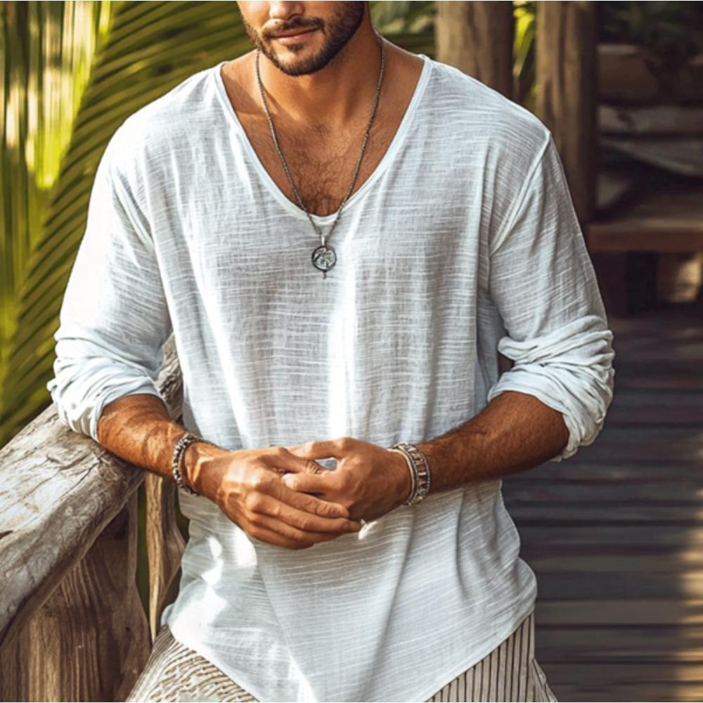 Czysty Kolor Cienkie Oddychające T-shirty Męskie z Dekoltem w Serek Casual z Długim Rękawem