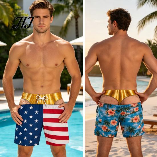 Vicces Férfi Strandnadrág Szőrös Nagy Fenekű Nadrág, USA Zászló Mintás Fürdőnadrág, Arany Színű Állítható Zsinóros Alsó Design, Nyári Medencés Partikra Nyaraláshoz