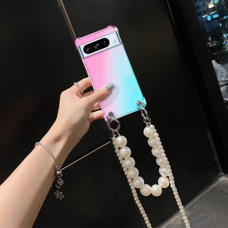 Crossbody Pearl Lanyard Case For Google Pixel 8 Pro Bracelet Chain Transparent Gradient Cases For Google Pixel 7 6A Silicone Phone Protective Cover
