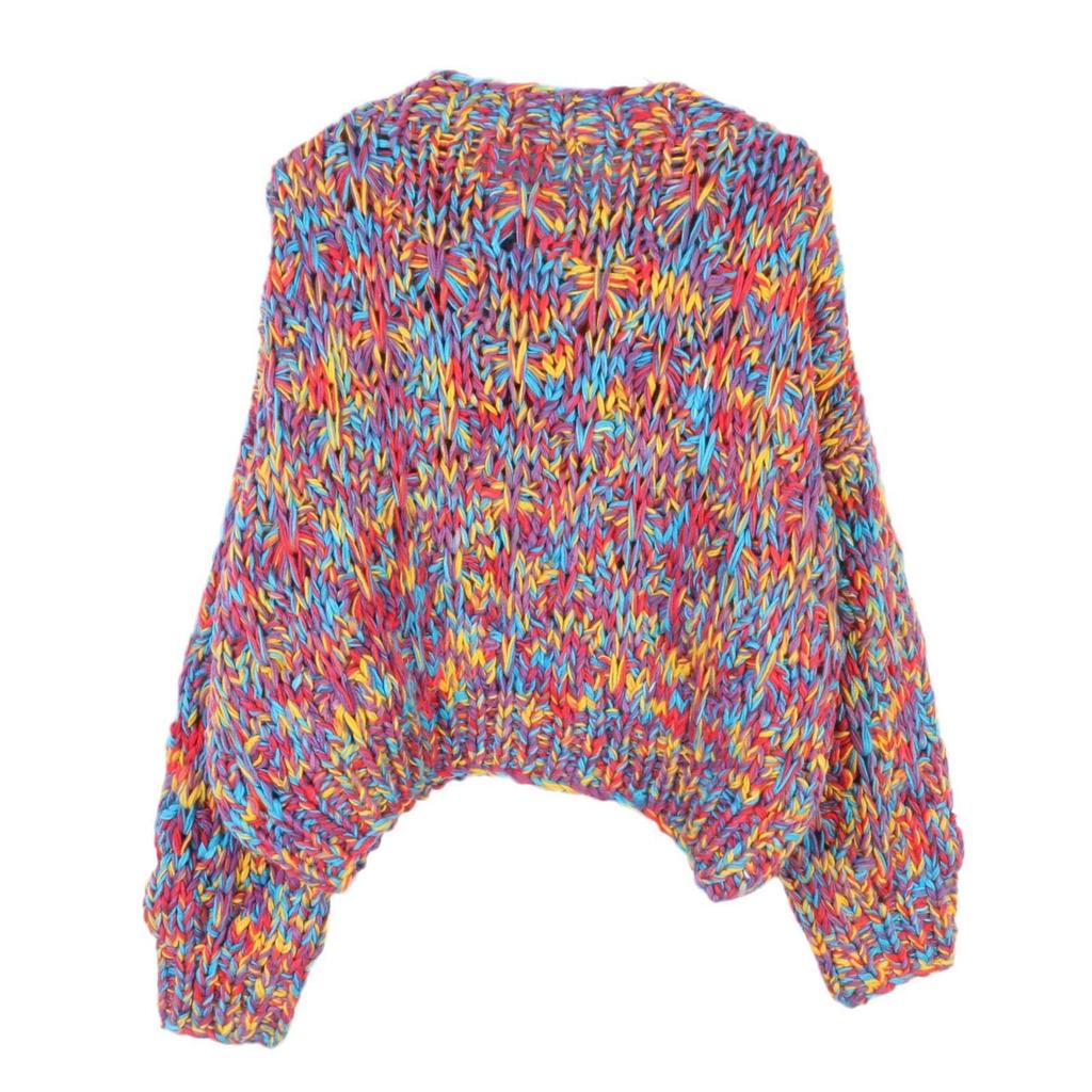 Retro Colorful Long-Sleeve Crochet Sweater - Autumn/Winter Loose Round Neck Pullover