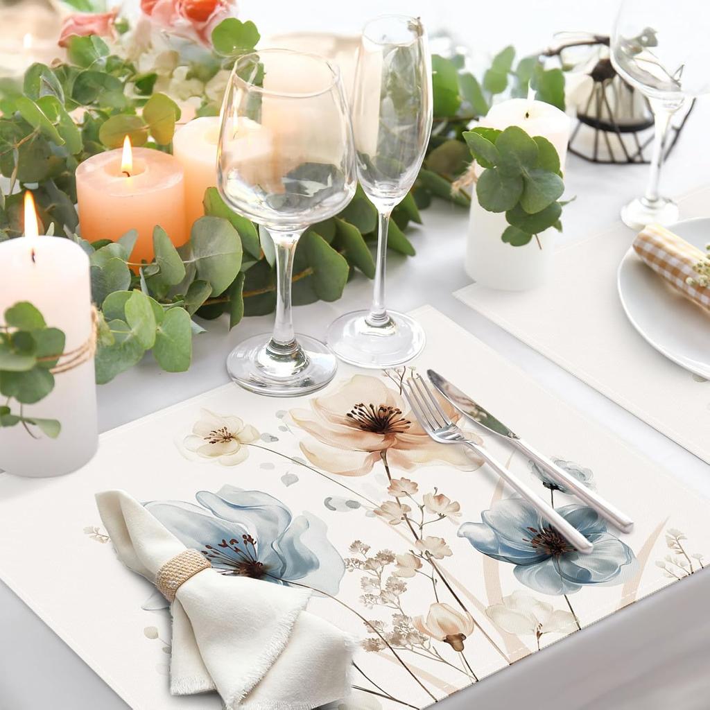 Bonhause Watercolor Floral Placemats Set of 4, 12x18 Inch Blue Brown Flower Leaves Kitchen Dining Table Mats Washable Place Mats for Indoor Outdoor