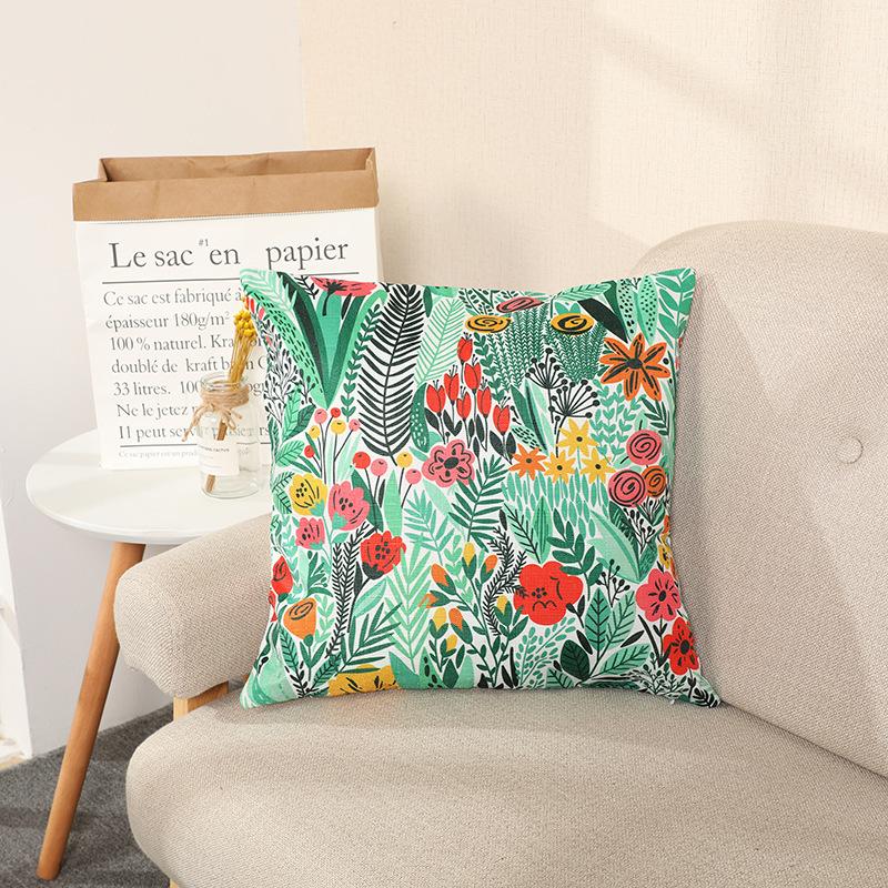 Nap Pillowcase Nordic Green Plants and Flowers Pastoral Bamboo Hemp Super Soft Pillow Car Cushion Pillow Core for Living Room